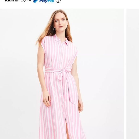 LOFT Striped Tie Waist Midi Shirtdress Poppy Linen blend Sz 0 New with tags - Picture 2 of 9